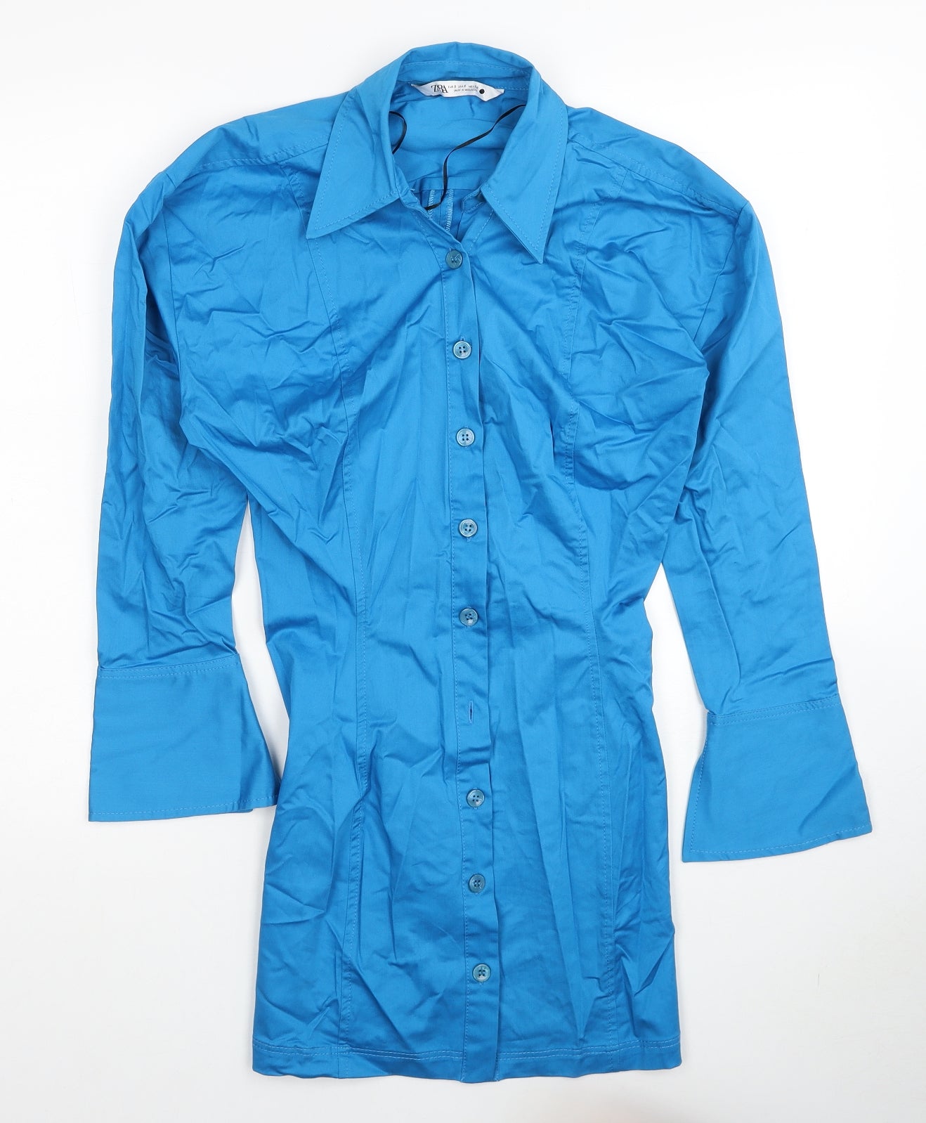Zara Womens Blue Cotton Shirt Dress Size S Collared Button