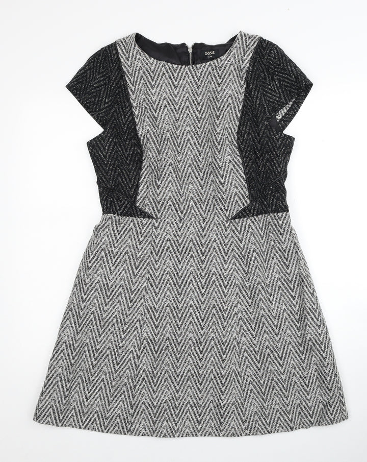 Oasis Womens Grey Geometric Cotton Fit & Flare Size 14 Round Neck Zip