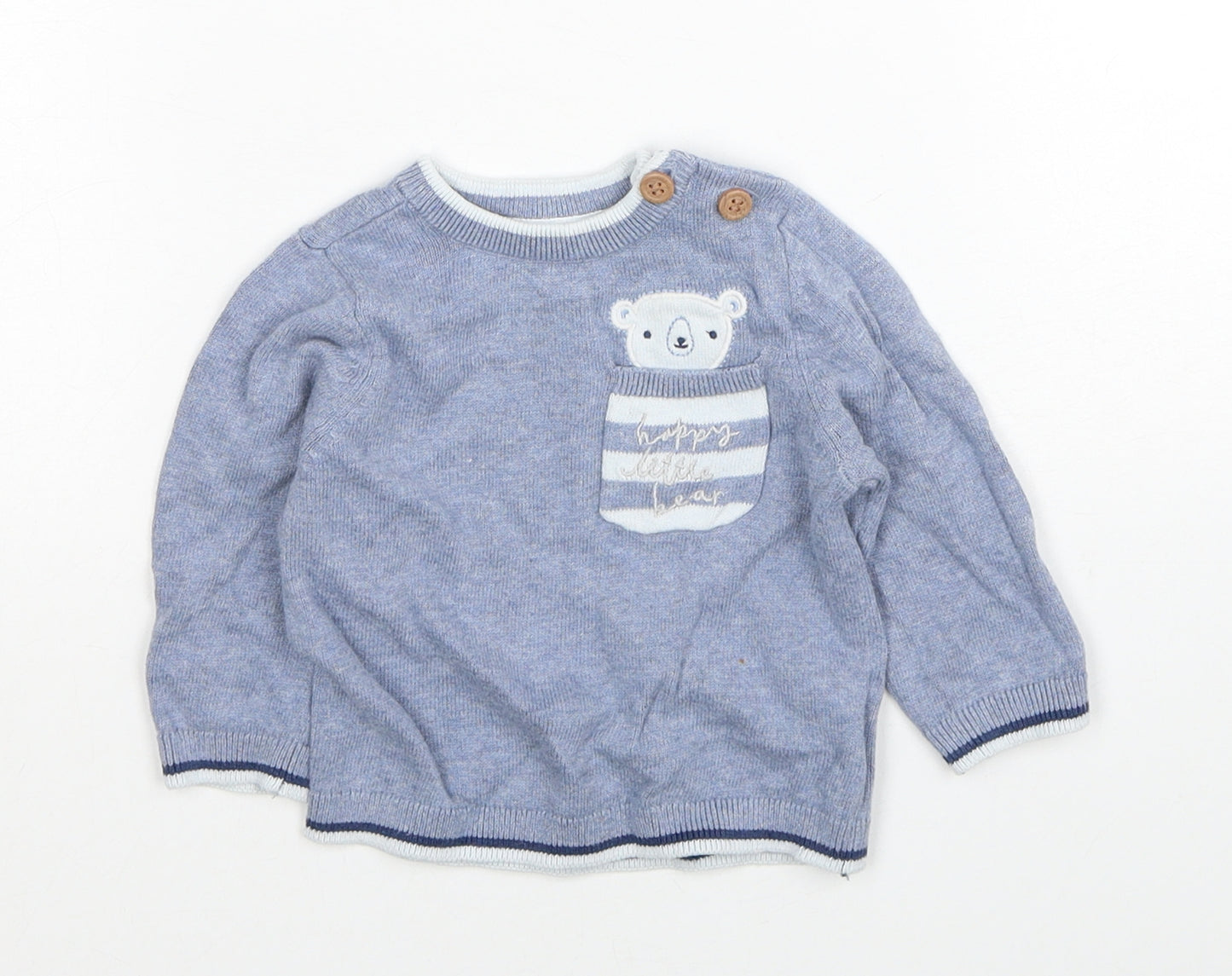 Mothercare Boys Blue Cotton Pullover Jumper Size 0-3 Months Button - Bear