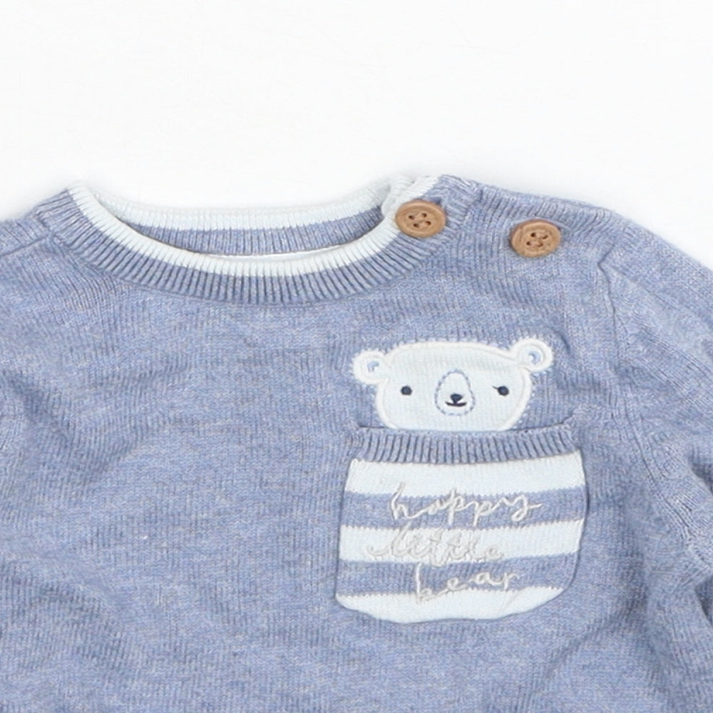 Mothercare Boys Blue Cotton Pullover Jumper Size 0-3 Months Button - Bear