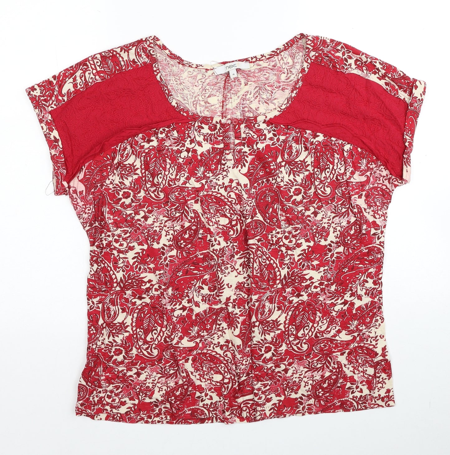 NEXT Womens Red Paisley Cotton Basic T-Shirt Size 14 Round Neck