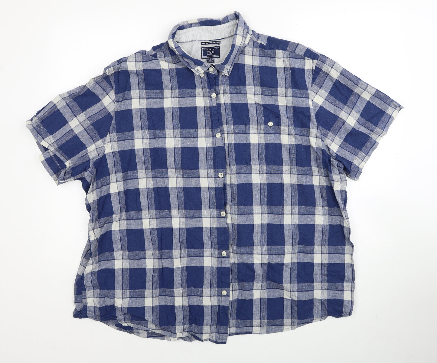 F&F Mens Blue Plaid Linen Button-Up Size 3XL Collared Button