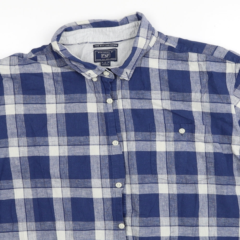 F&F Mens Blue Plaid Linen Button-Up Size 3XL Collared Button