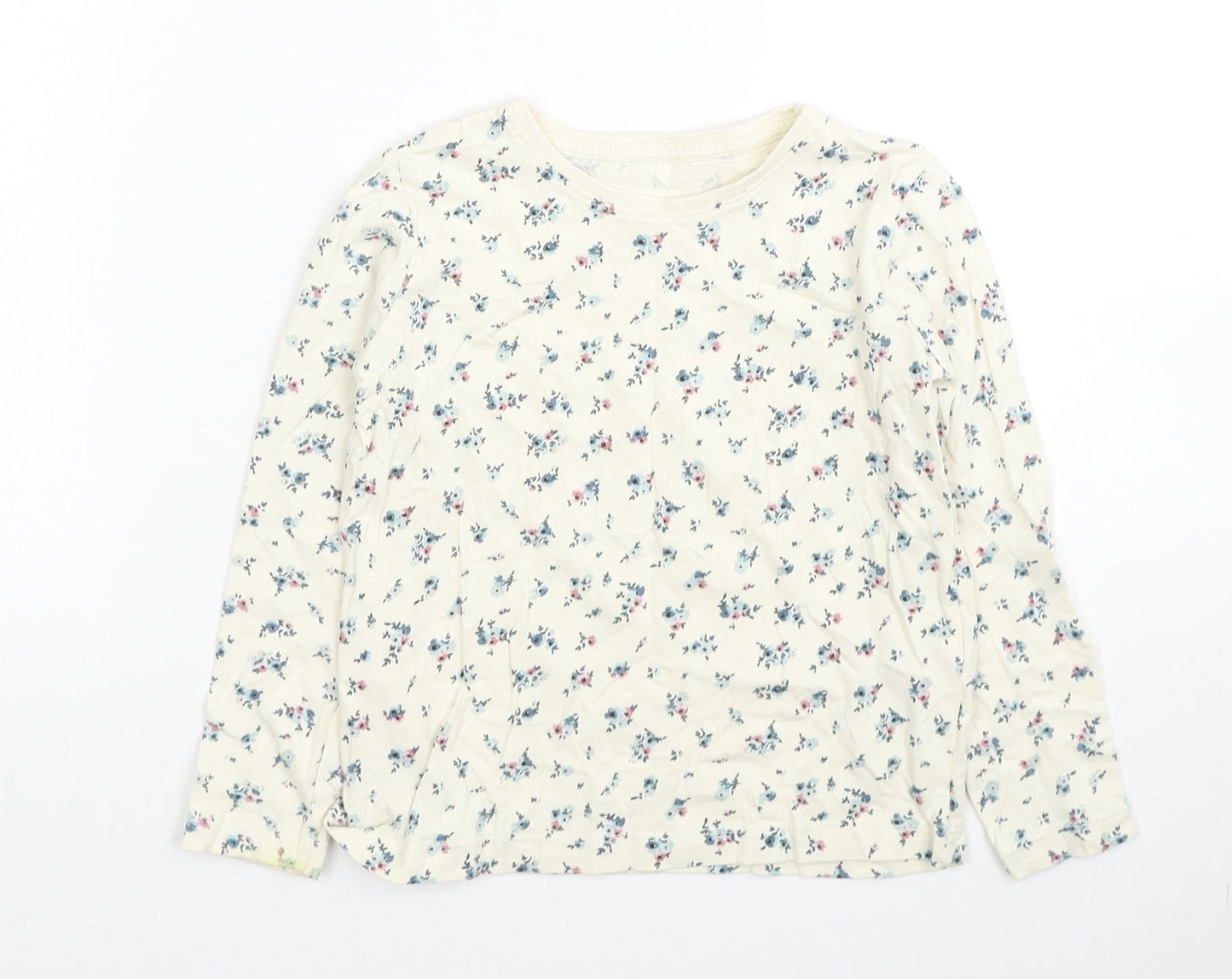 Primark Girls Ivory Floral Cotton Basic T-Shirt Size 4-5 Years Round Neck Pullover