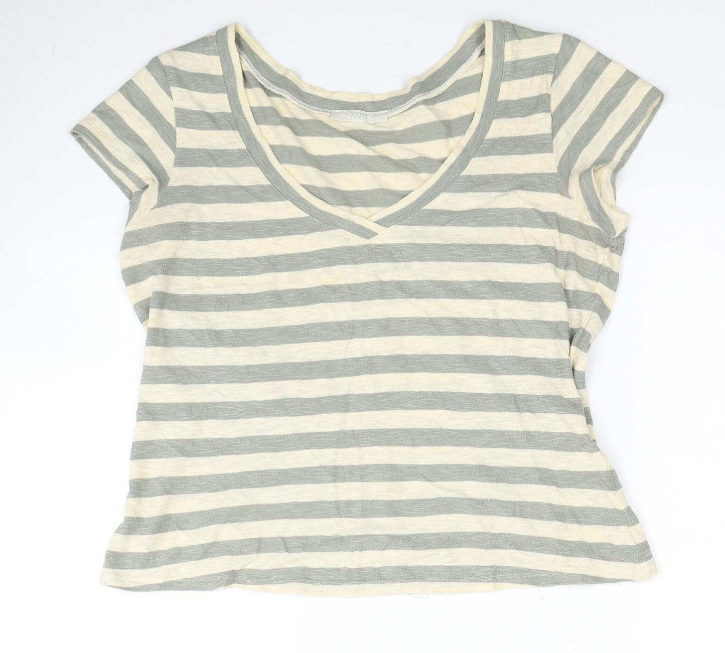 Marks and Spencer Womens Grey Striped Cotton Basic T-Shirt Size 14 V-Neck