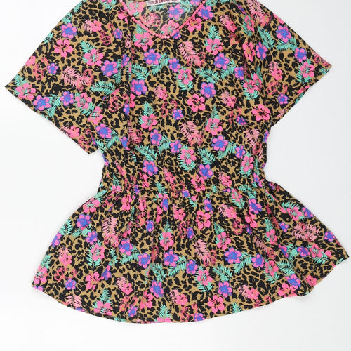 FREESPIRIT Girls Brown Floral Polyester Basic Blouse Size 9-10 Years V-Neck Pullover
