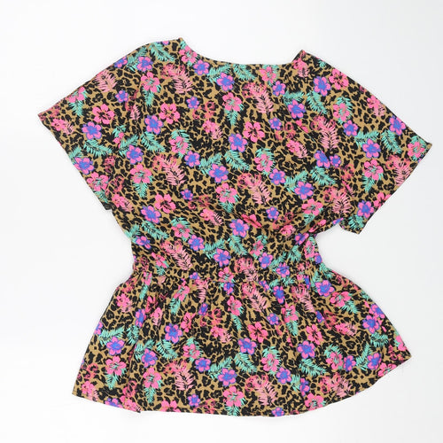 FREESPIRIT Girls Brown Floral Polyester Basic Blouse Size 9-10 Years V-Neck Pullover