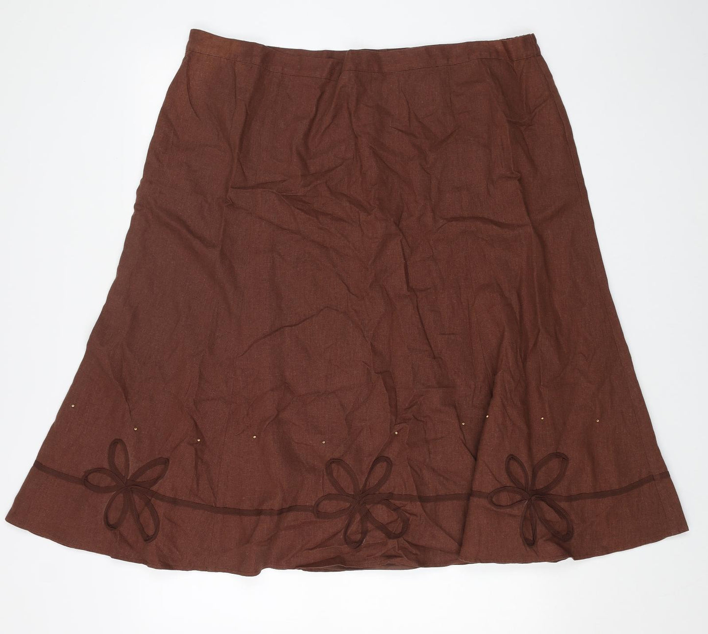 Classic Womens Brown Floral Linen Swing Skirt Size 24 Zip