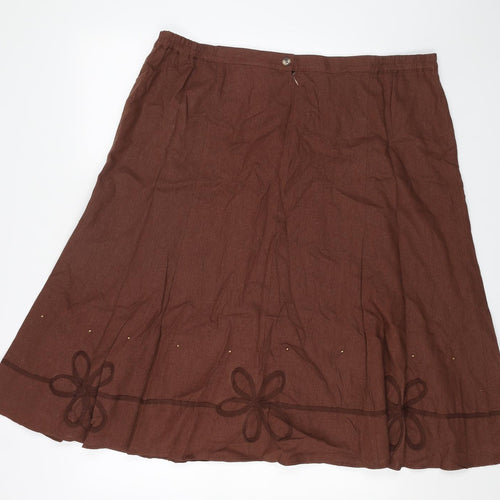 Classic Womens Brown Floral Linen Swing Skirt Size 24 Zip