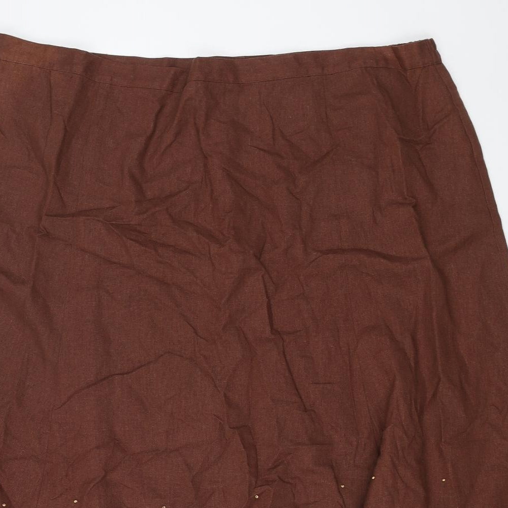Classic Womens Brown Floral Linen Swing Skirt Size 24 Zip