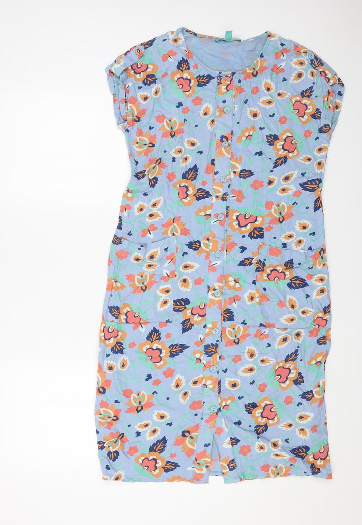 Fever Womens Blue Floral Cotton T-Shirt Dress Size 12 Round Neck Button