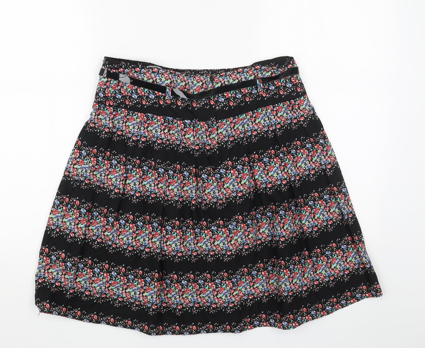 Dorothy Perkins Womens Black Floral Cotton Skater Skirt Size 10 Zip - Belt Inlcuded