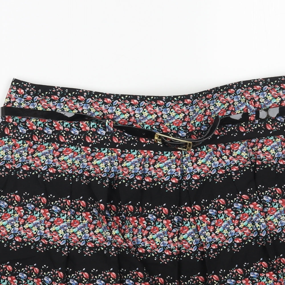 Dorothy Perkins Womens Black Floral Cotton Skater Skirt Size 10 Zip - Belt Inlcuded