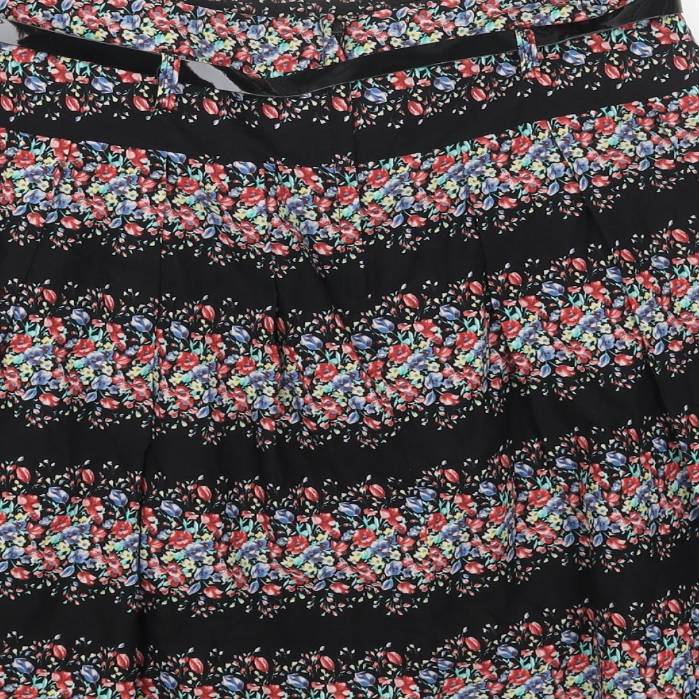 Dorothy Perkins Womens Black Floral Cotton Skater Skirt Size 10 Zip - Belt Inlcuded