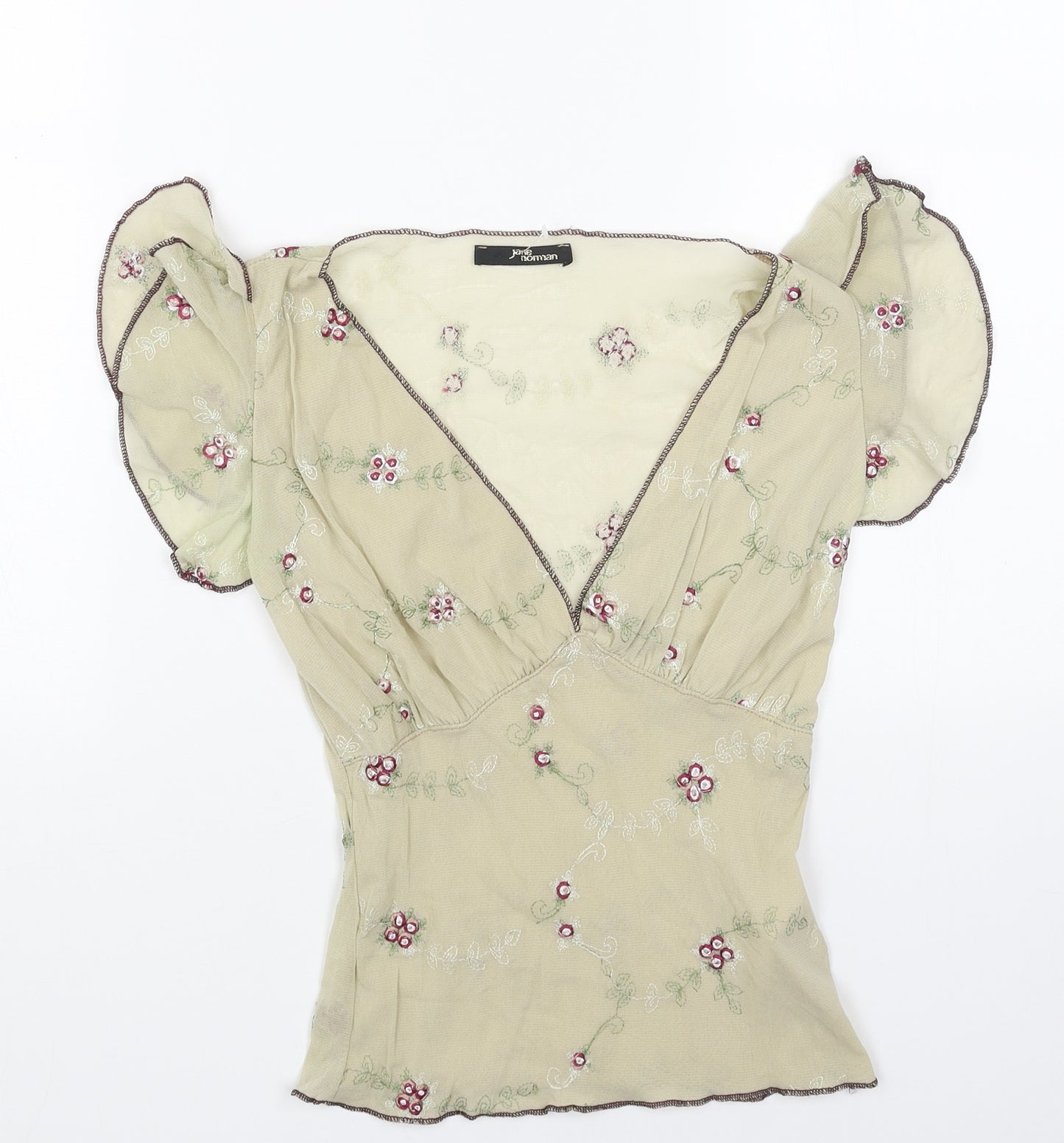 Jane Norman Womens Beige Polyester Basic Blouse Size 10 V-Neck