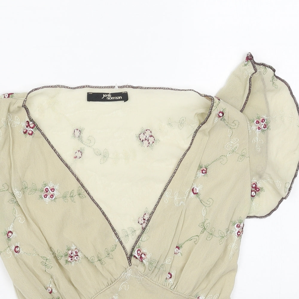Jane Norman Womens Beige Polyester Basic Blouse Size 10 V-Neck