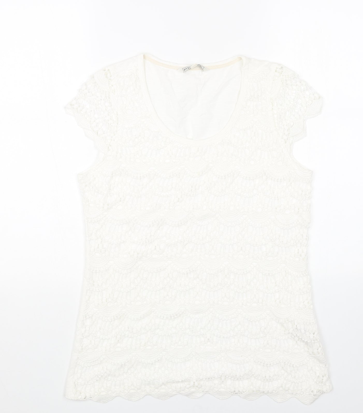 Fat Face Womens White Cotton Basic T-Shirt Size 12 Round Neck - Lace Detail