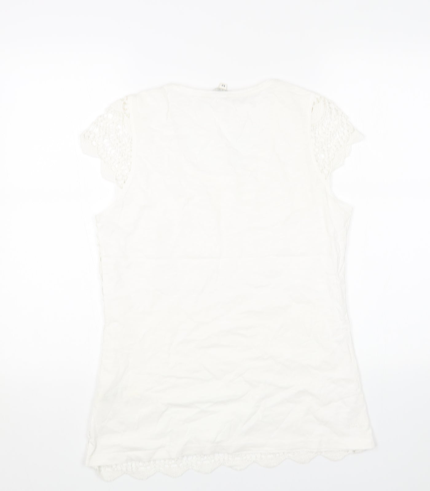 Fat Face Womens White Cotton Basic T-Shirt Size 12 Round Neck - Lace Detail