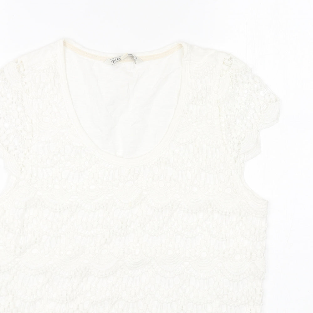 Fat Face Womens White Cotton Basic T-Shirt Size 12 Round Neck - Lace Detail