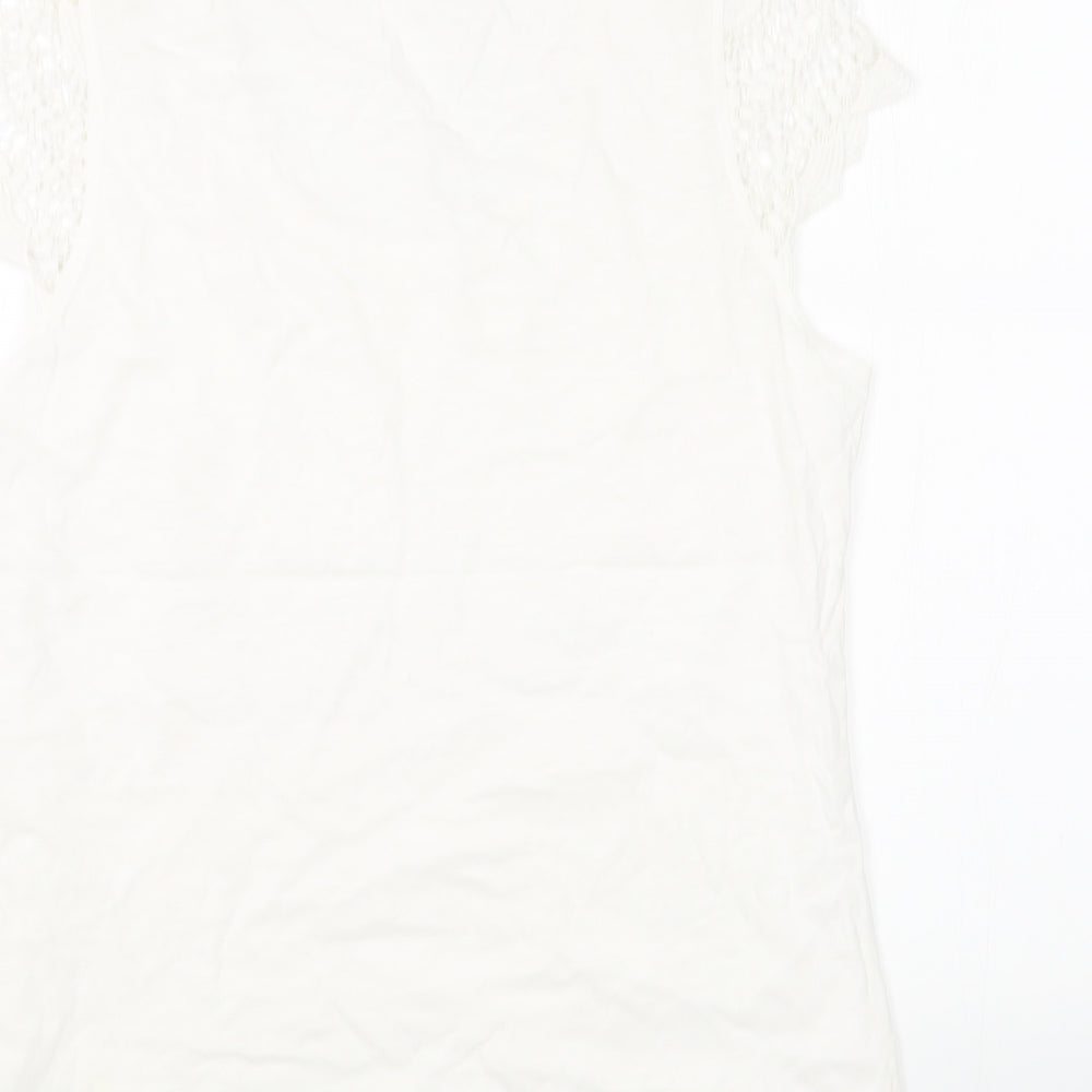Fat Face Womens White Cotton Basic T-Shirt Size 12 Round Neck - Lace Detail