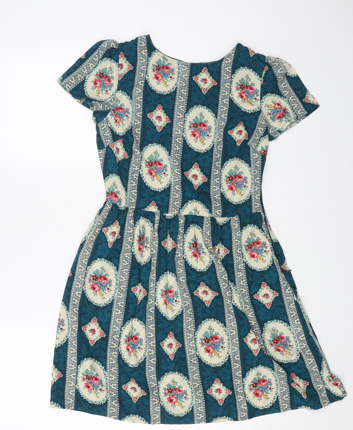 Primark Womens Blue Floral Polyester Fit & Flare Size 10 Boat Neck Button
