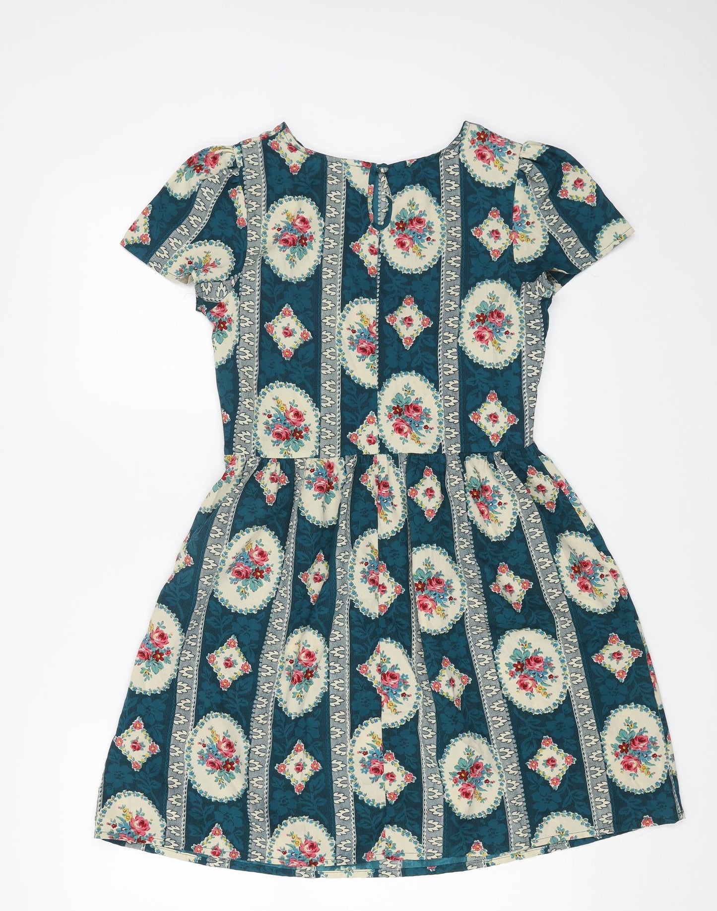 Primark Womens Blue Floral Polyester Fit & Flare Size 10 Boat Neck Button