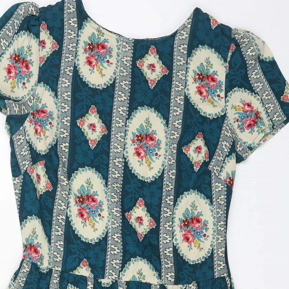Primark Womens Blue Floral Polyester Fit & Flare Size 10 Boat Neck Button