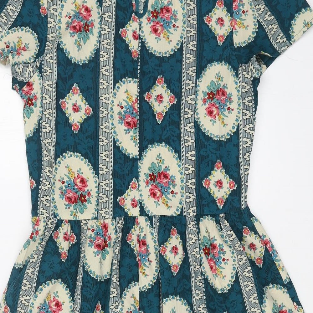 Primark Womens Blue Floral Polyester Fit & Flare Size 10 Boat Neck Button