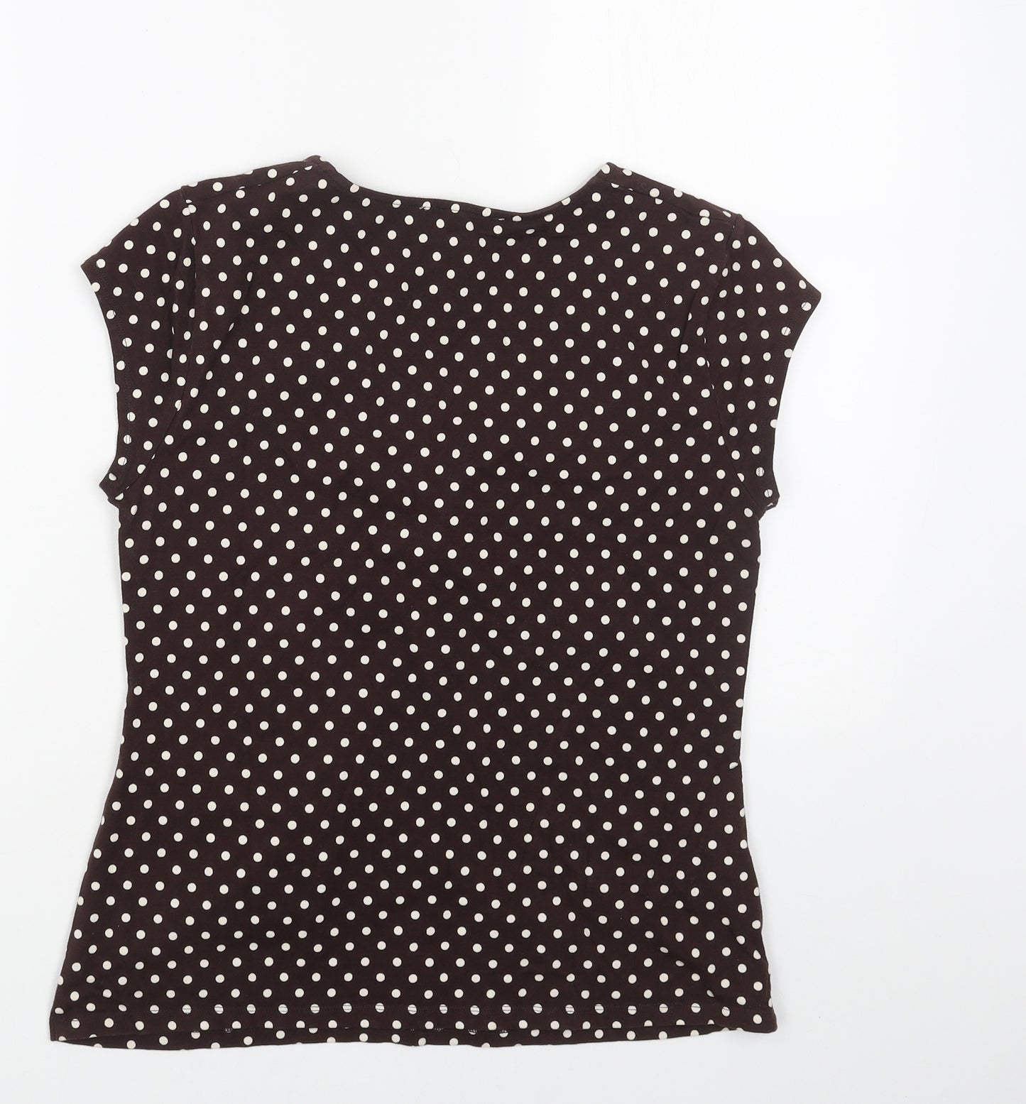 Laura Ashley Womens Brown Polka Dot Cotton Basic T-Shirt Size 14 V-Neck