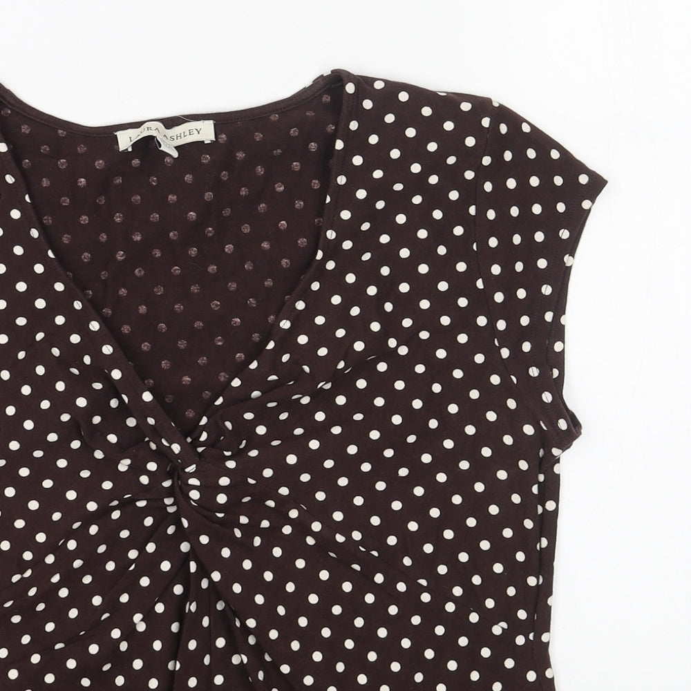 Laura Ashley Womens Brown Polka Dot Cotton Basic T-Shirt Size 14 V-Neck