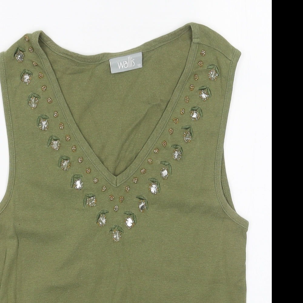 Wallis Womens Green Cotton Basic Tank Size 12 V-Neck