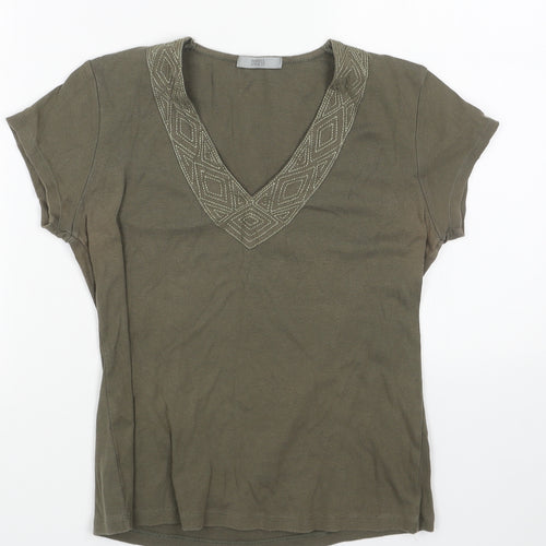 Marks and Spencer Womens Green Cotton Basic T-Shirt Size 12 V-Neck