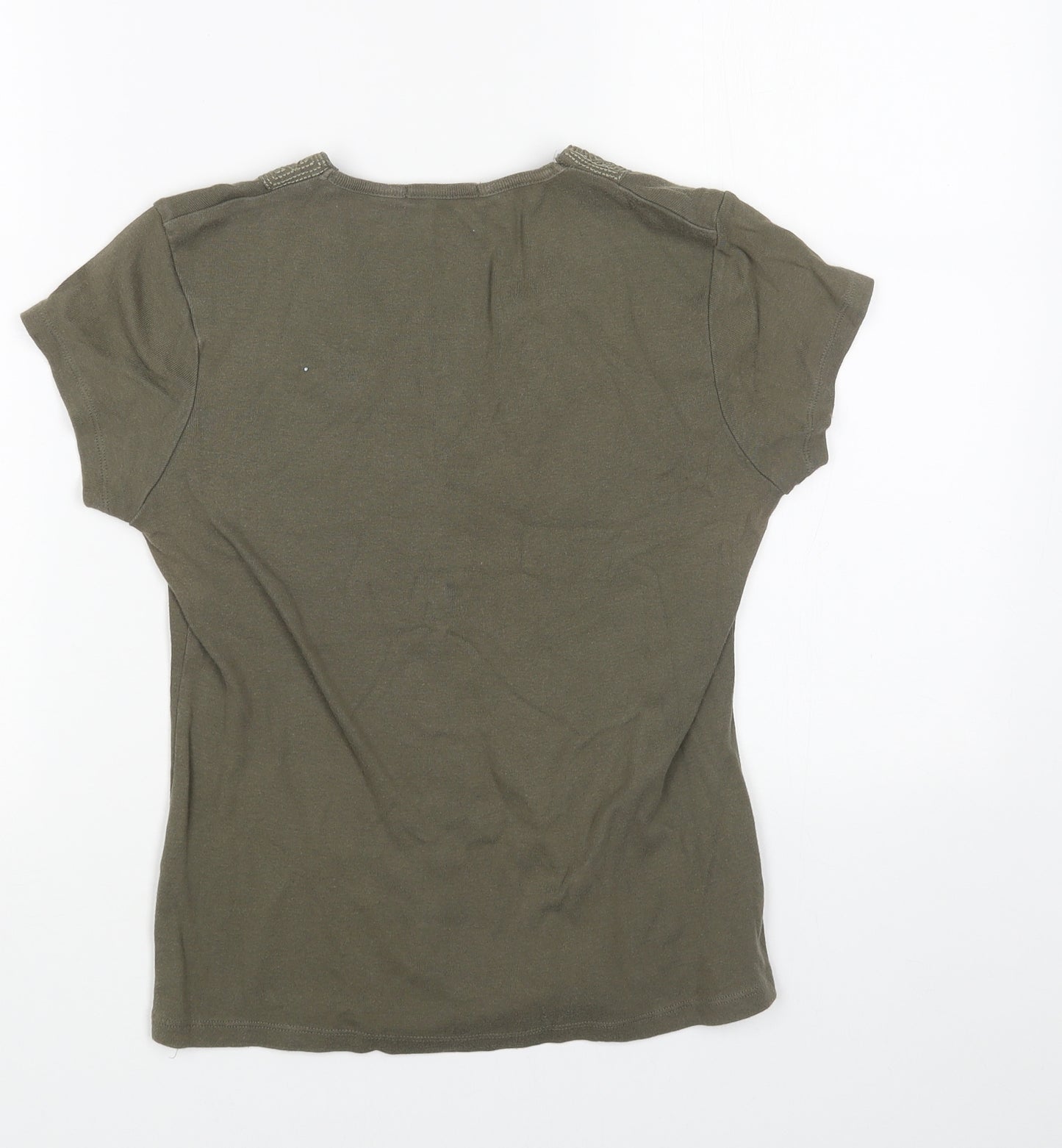Marks and Spencer Womens Green Cotton Basic T-Shirt Size 12 V-Neck