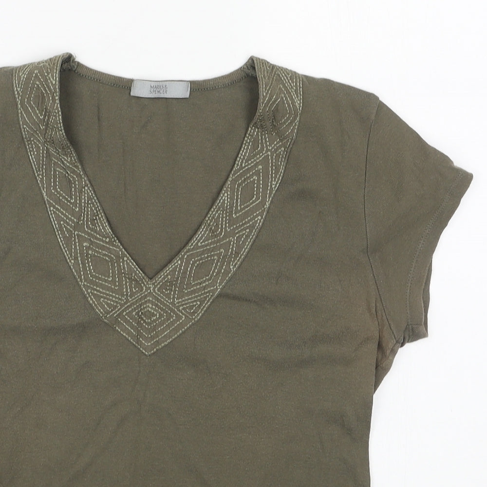 Marks and Spencer Womens Green Cotton Basic T-Shirt Size 12 V-Neck