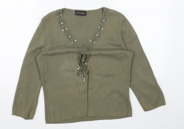Principles Womens Green V-Neck Cotton Pullover Jumper Size 14