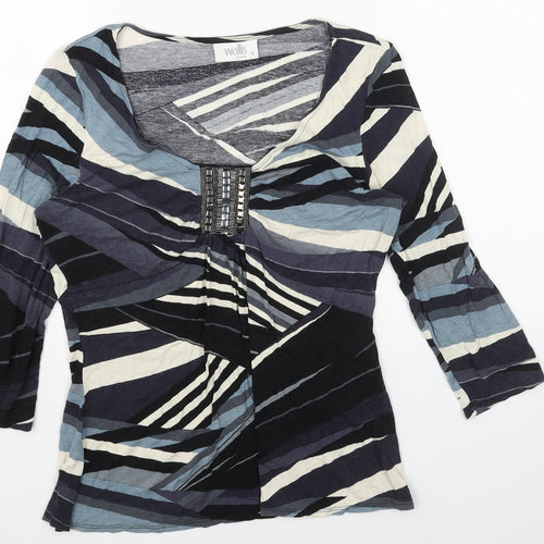 Wallis Womens Blue Geometric Viscose Basic Blouse Size 12 Scoop Neck