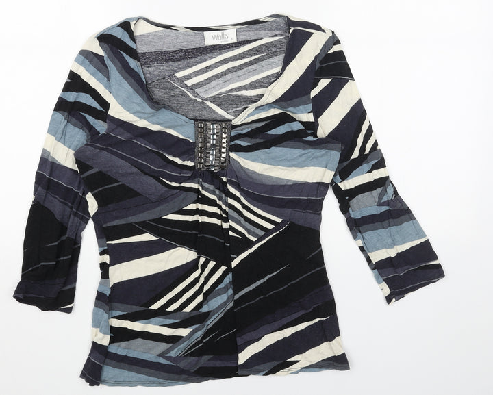 Wallis Womens Blue Geometric Viscose Basic Blouse Size 12 Scoop Neck