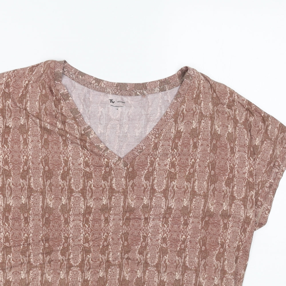 TU Womens Brown Geometric Polyester Basic T-Shirt Size 14 V-Neck