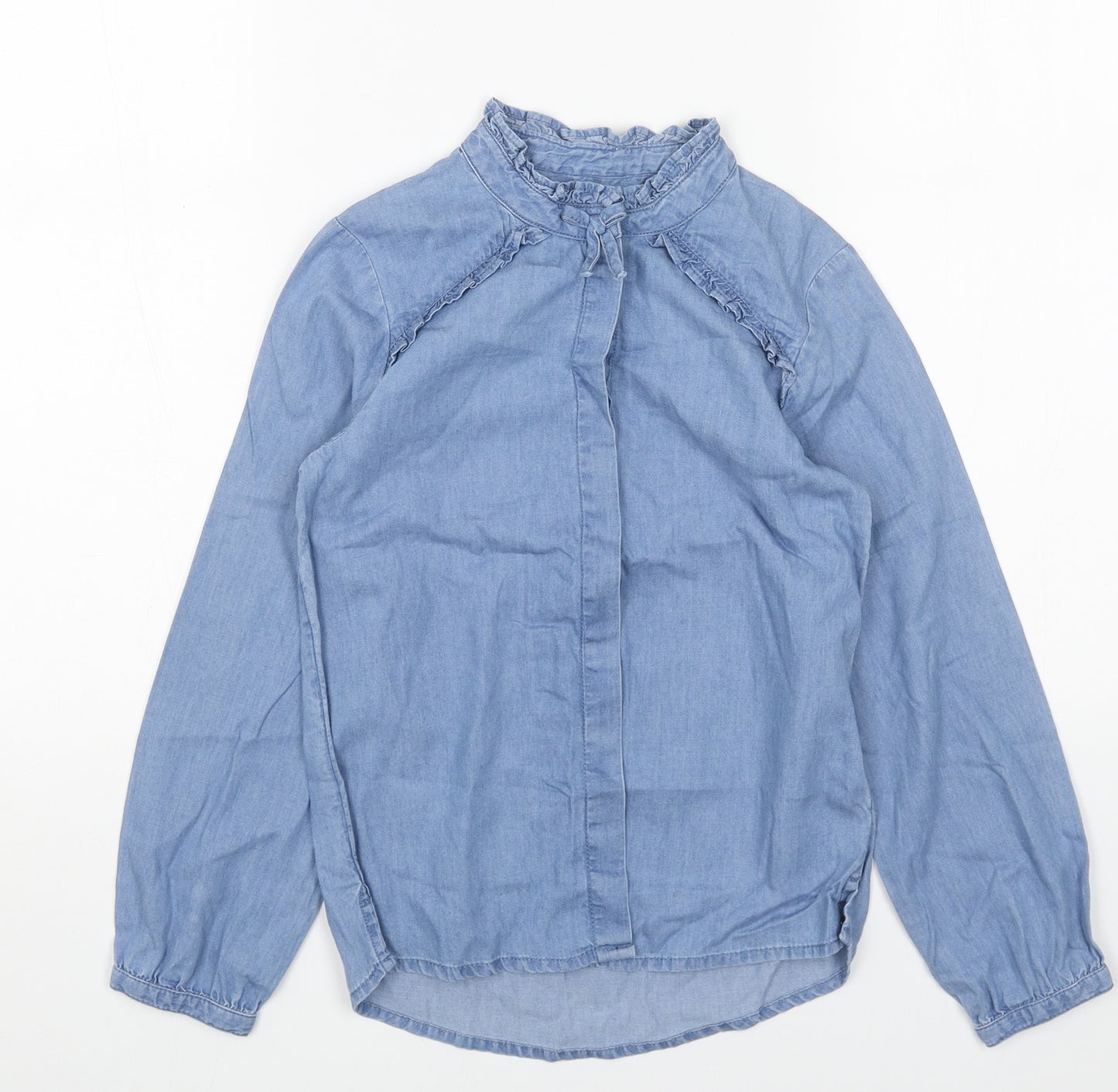 NEXT Girls Blue Cotton Basic Blouse Size 8 Years Round Neck Button