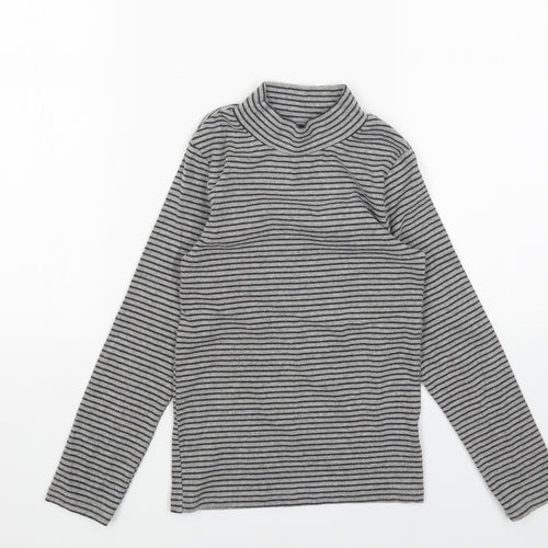 NEXT Girls Grey Striped Cotton Basic T-Shirt Size 8 Years High Neck Pullover