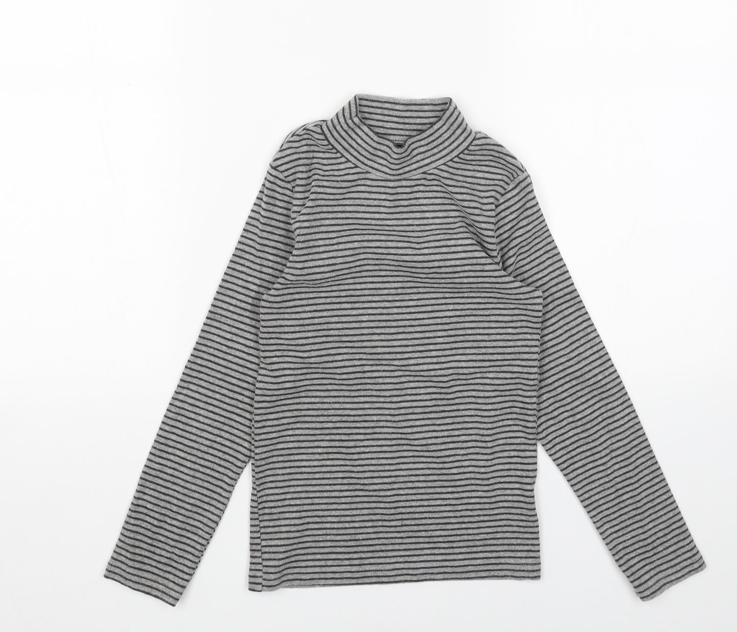 NEXT Girls Grey Striped Cotton Basic T-Shirt Size 8 Years High Neck Pullover