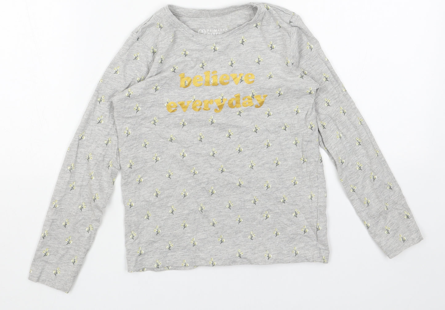 Primark Girls Grey Geometric Cotton Basic T-Shirt Size 7-8 Years Round Neck Pullover - Believe Everyday