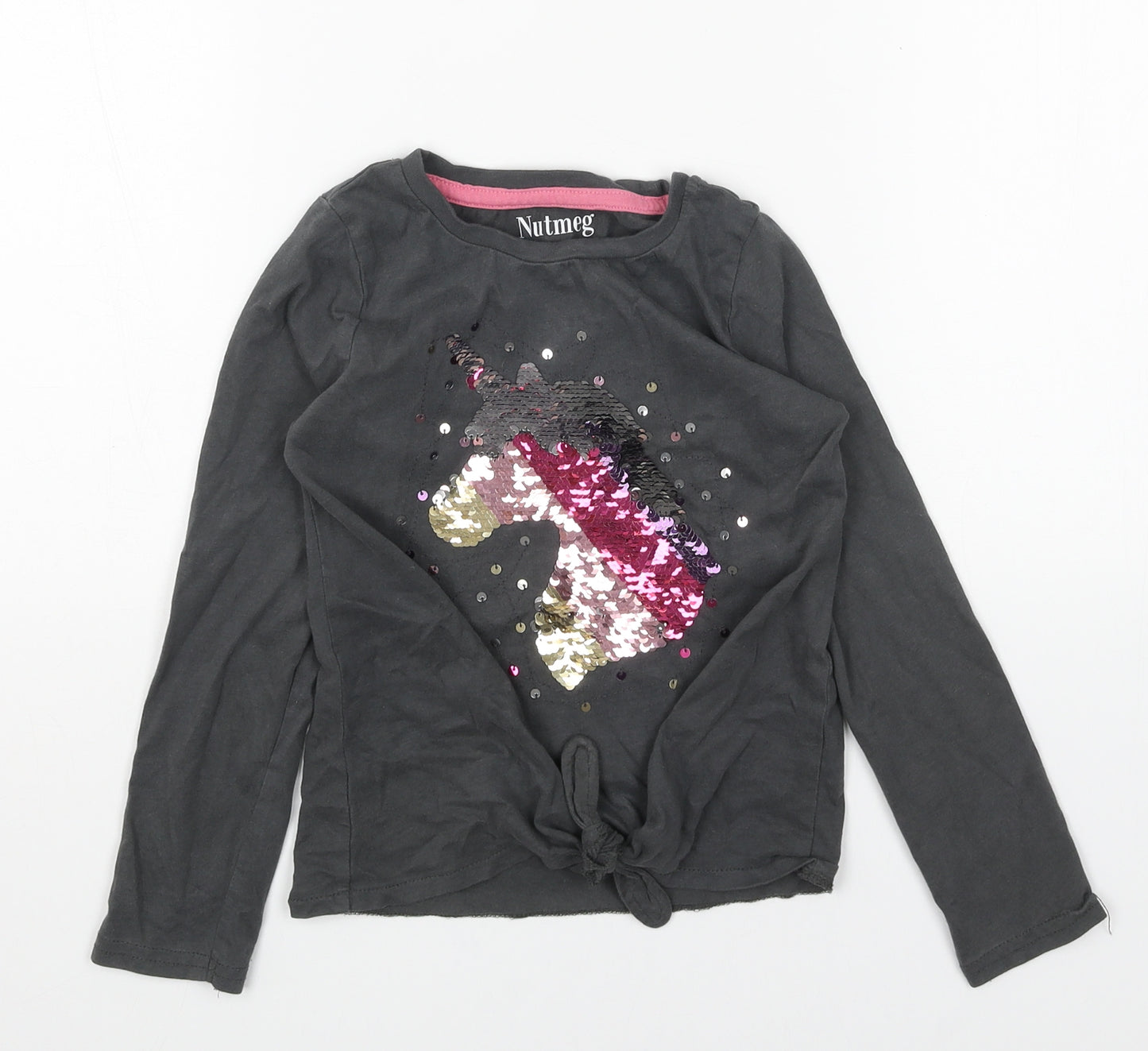 Nutmeg Girls Grey Cotton Basic T-Shirt Size 6-7 Years Round Neck Pullover