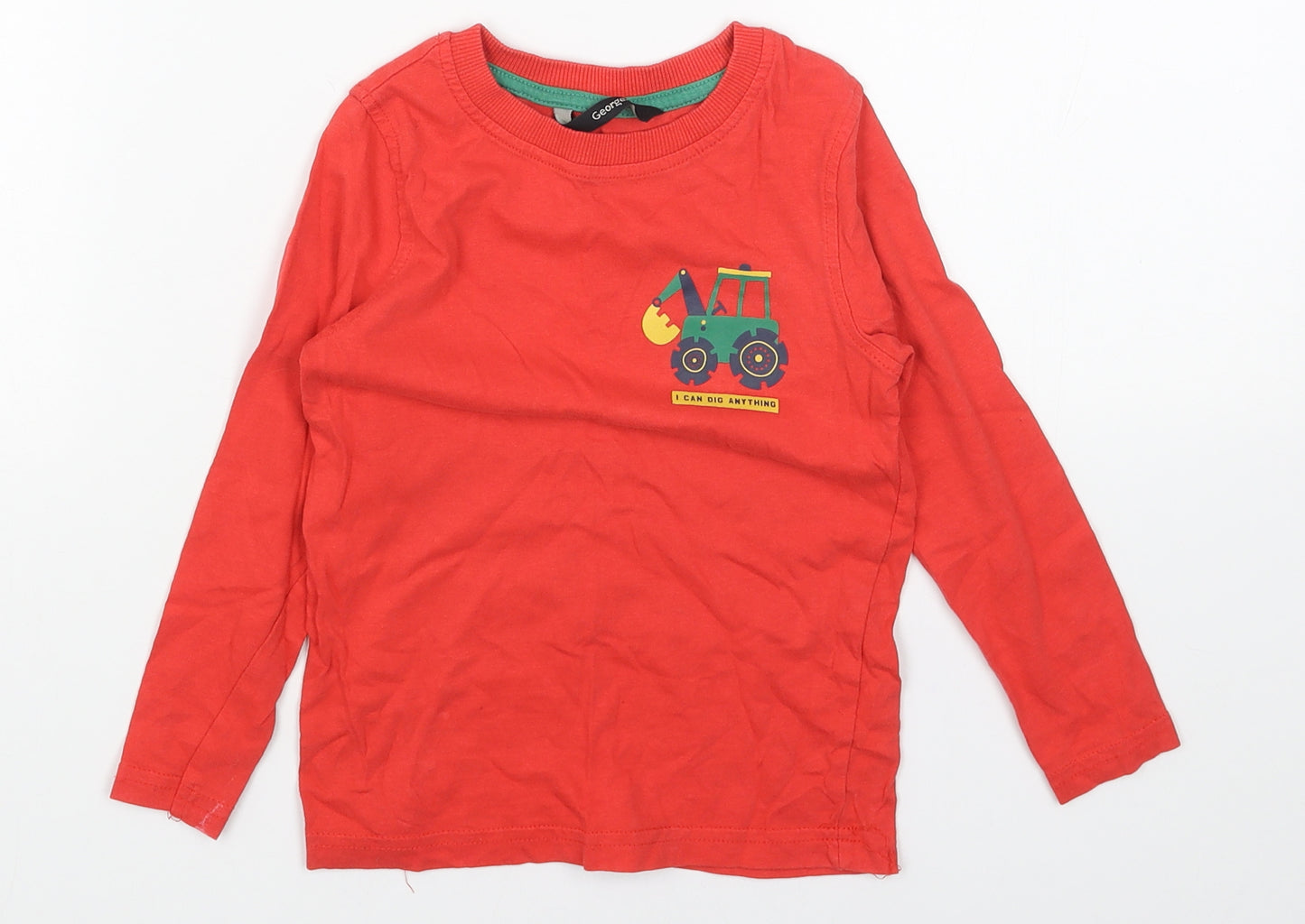 George Boys Red Cotton Basic T-Shirt Size 3-4 Years Round Neck Pullover - Tractor
