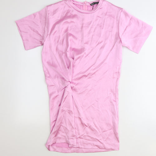Zara Womens Pink Polyester T-Shirt Dress Size XS Round Neck Zip