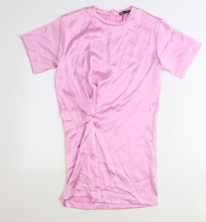 Zara Womens Pink Polyester T-Shirt Dress Size XS Round Neck Zip