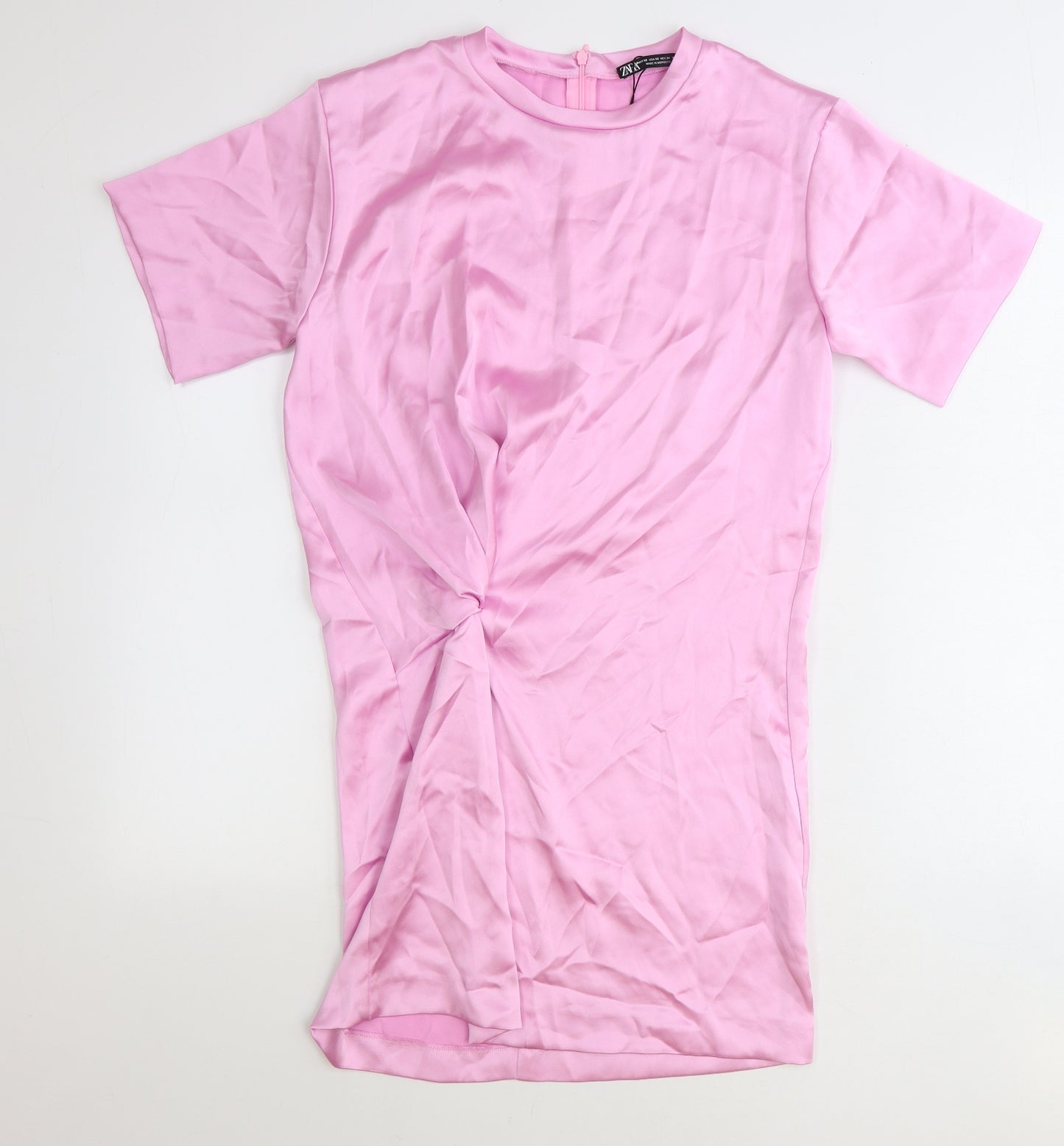 Zara Womens Pink Polyester T-Shirt Dress Size XS Round Neck Zip
