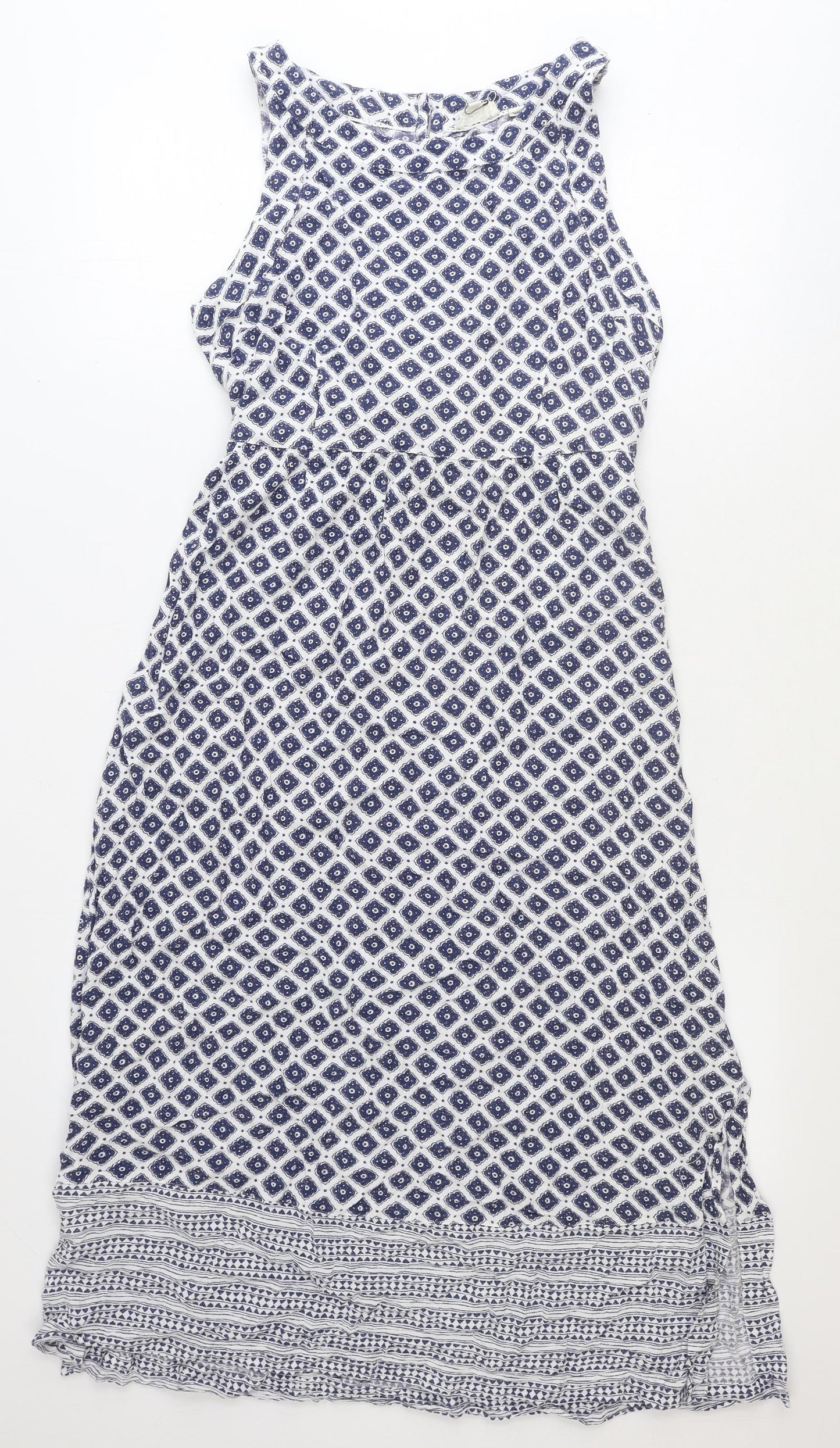 Fat Face Womens Blue Geometric Viscose Tank Dress Size 14 Round Neck Button