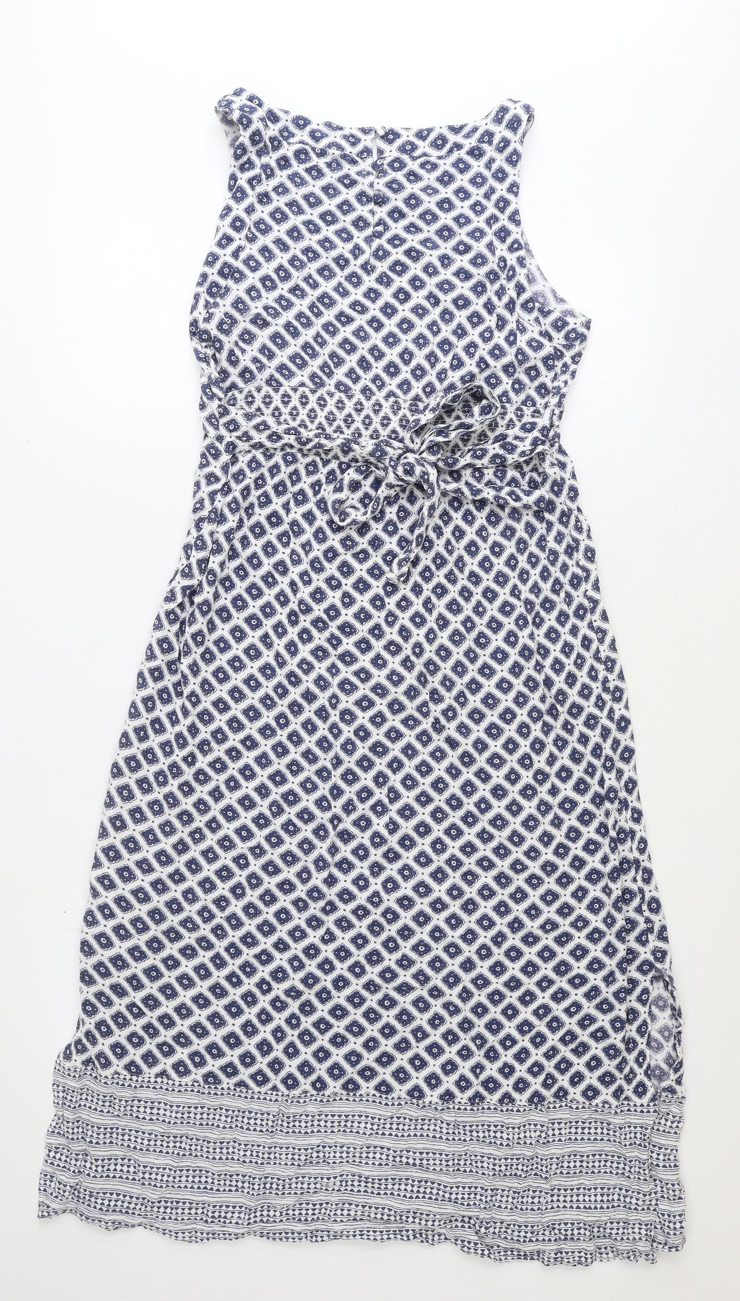 Fat Face Womens Blue Geometric Viscose Tank Dress Size 14 Round Neck Button