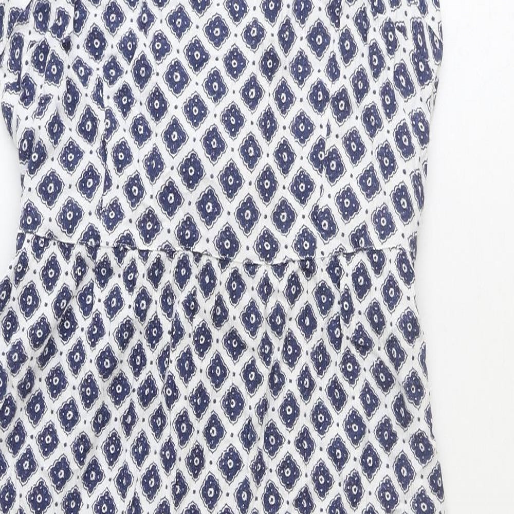Fat Face Womens Blue Geometric Viscose Tank Dress Size 14 Round Neck Button